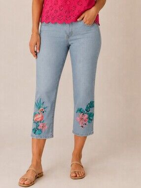 Chico's Floral & Flamingo Embroidered Capri Jeans